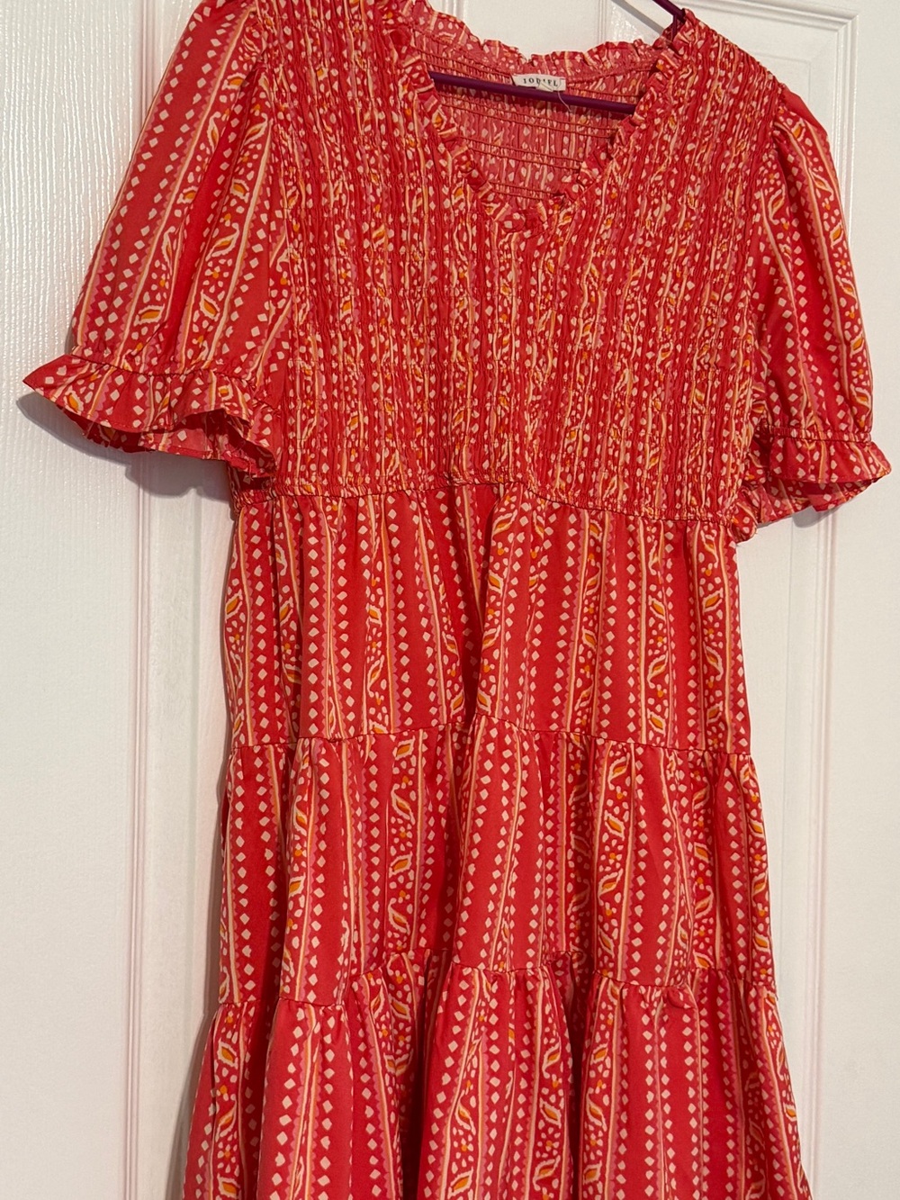 Coral and orange Patterned Tiered Midi Dress
